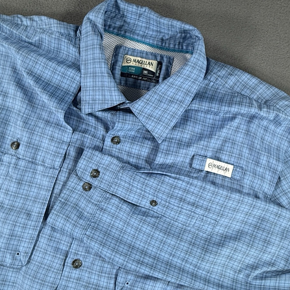 Magellan Fishing Shirt 2XL Blue Check Outdoors Vented Mesh Back Long Sleeve